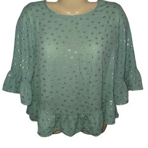 W5 Sage Green Ruffle-Hem Blouse with Silver Dot Accents
